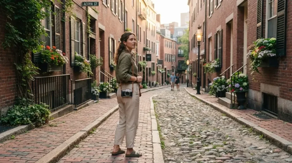 Solo female traveler walking the red brick Freedom Trail path through Beacon Hill, Boston, Massachusetts, on a golden morning with historic rowhouses in background