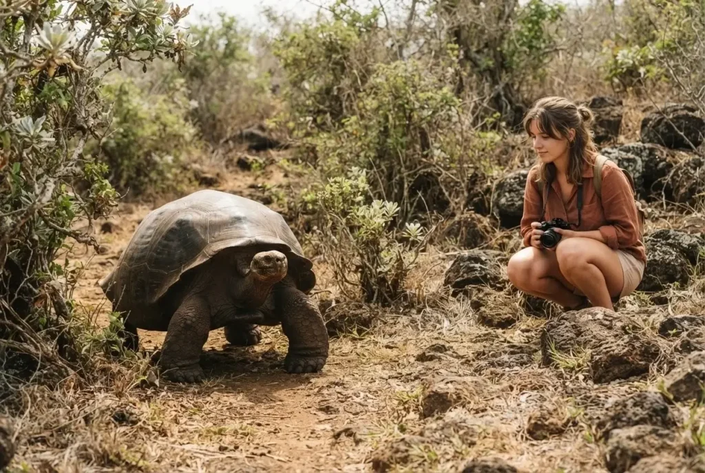 Female solo traveler crouching at a respectful distance observing a giant Galapagos tortoise in its natural habitat on Santa Cruz Island, Ecuador