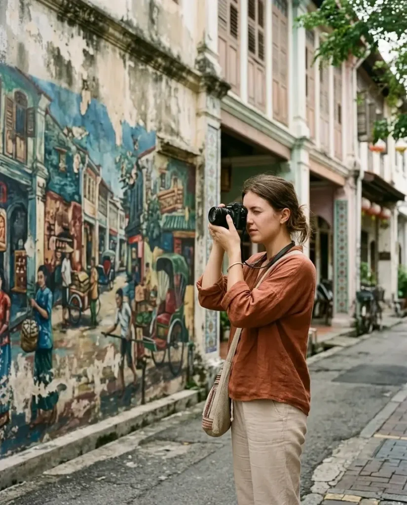 Solo female traveler with camera photographing street art murals on Armenian Street in George Town Penang Malaysia, colorful heritage shophouses in background