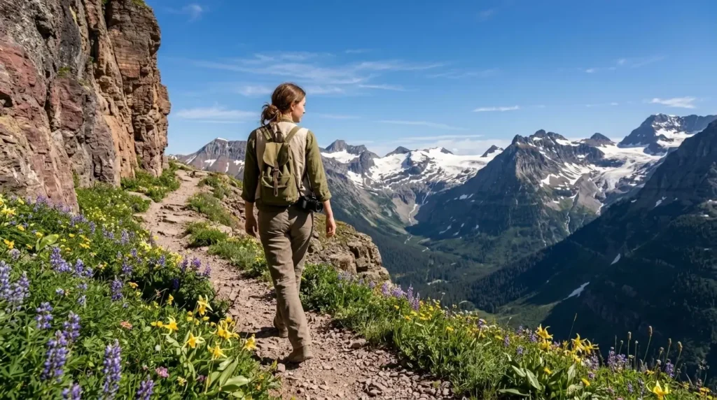Solo female traveler hiking the Highline Trail in Glacier National Park Montana, narrow ridge path with alpine meadows and distant snow-capped peaks under blue sky
