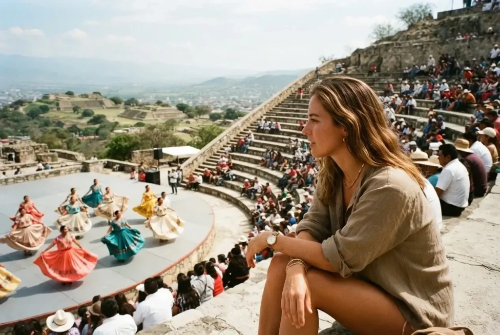Solo female traveler seated in the open-air Auditorio Guelaguetza in Oaxaca Mexico watching traditional Indigenous dancers from eight regional cultures perform in vibrant handwoven costumes