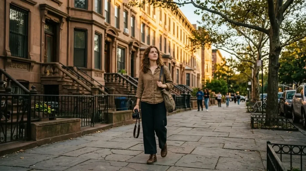 Solo female traveler with mirrorless camera walking along Lenox Avenue in Harlem New York City, classic brownstone buildings lining the street, warm late-afternoon light, candid street-level perspective