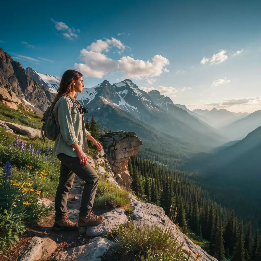 Solo female traveler hiking Highline Trail in Glacier National Park Montana with alpine meadow wildflowers and dramatic mountain peaks
