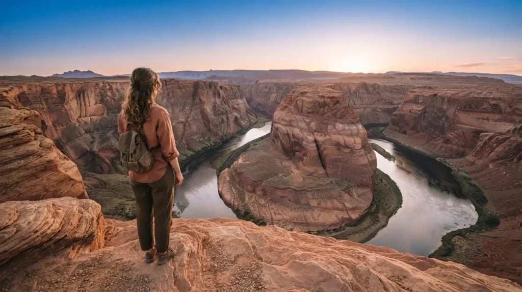 Solo female traveler standing at the rim of Horseshoe Bend Arizona at sunrise looking out over the Colorado River curving through sandstone canyon far below