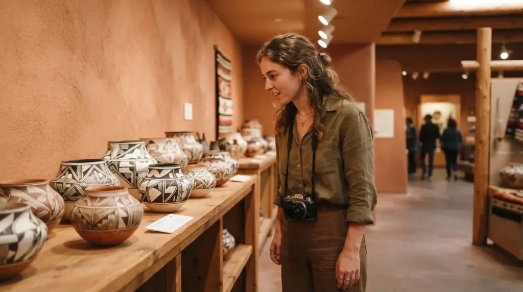 Solo female traveler exploring traditional Pueblo pottery and textile exhibits inside the Indian Pueblo Cultural Center, Albuquerque New Mexico