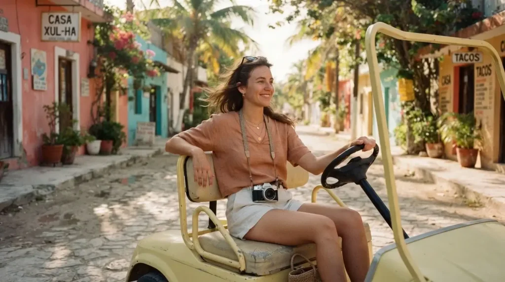 Young female solo traveler on a golf cart on a beach road in Isla Mujeres Mexico, colorful buildings and palm trees lining the path on a sunny morning
