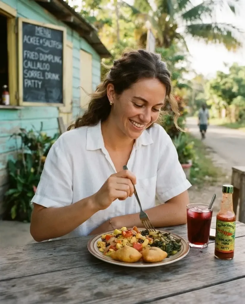Solo female traveler at a small Jamaican breakfast spot with a plate of ackee and saltfish, fried dumplings, and callaloo, soft morning light