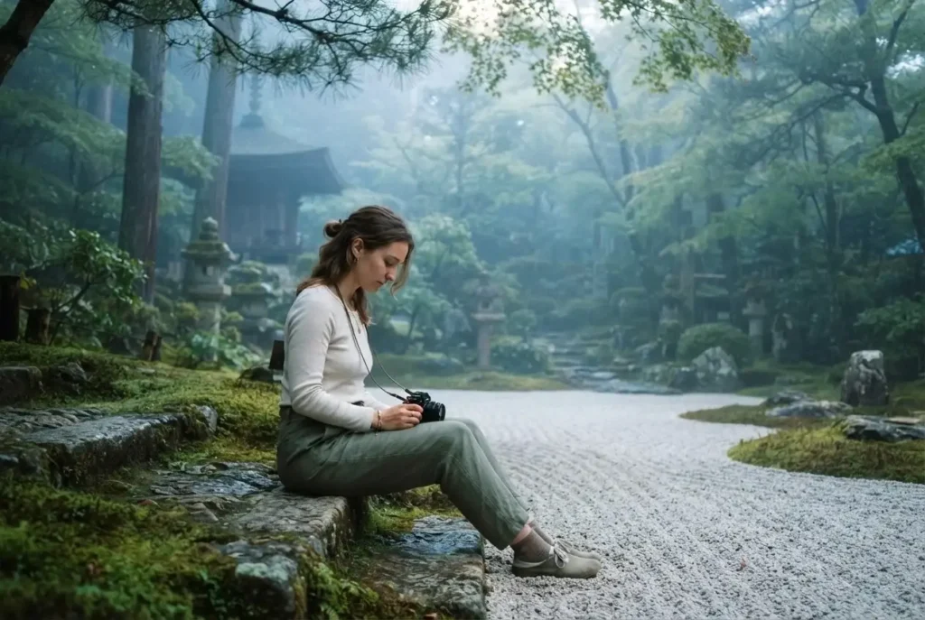 Female solo traveler sitting quietly in a misty Zen temple garden in Kyoto Japan at dawn