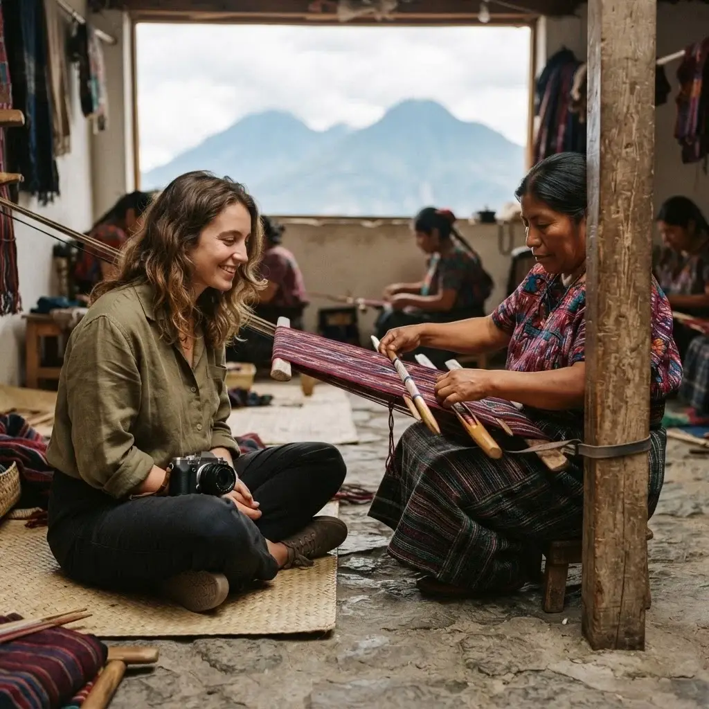 Solo female traveler watching a Tz'utujil Maya weaver demonstrate traditional backstrap loom weaving at a cooperative in San Juan La Laguna, Lake Atitlan, Guatemala
