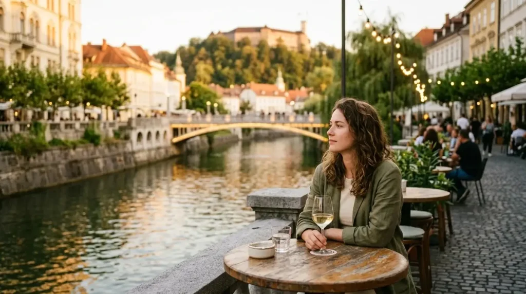 Solo female traveler sitting at an outdoor riverside cafe along the Ljubljanica River in Ljubljana Slovenia at golden hour, Triple Bridge visible in the background
