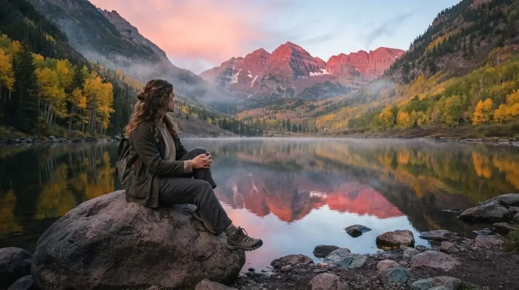 Solo female traveler sitting beside Maroon Lake at sunrise in Aspen Colorado with the twin Maroon Bells peaks reflected in still water and golden alpenglow on the mountains