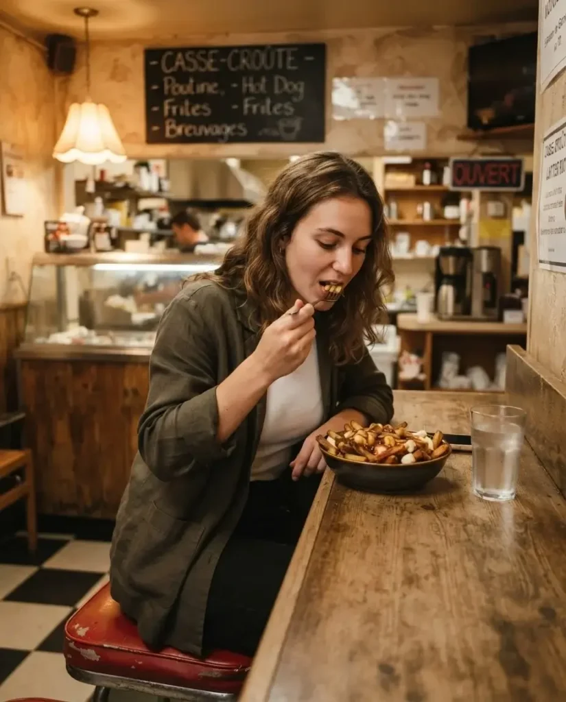 Young female solo traveler eating poutine at a late-night snack bar counter in Montreal, Quebec, warm interior lighting