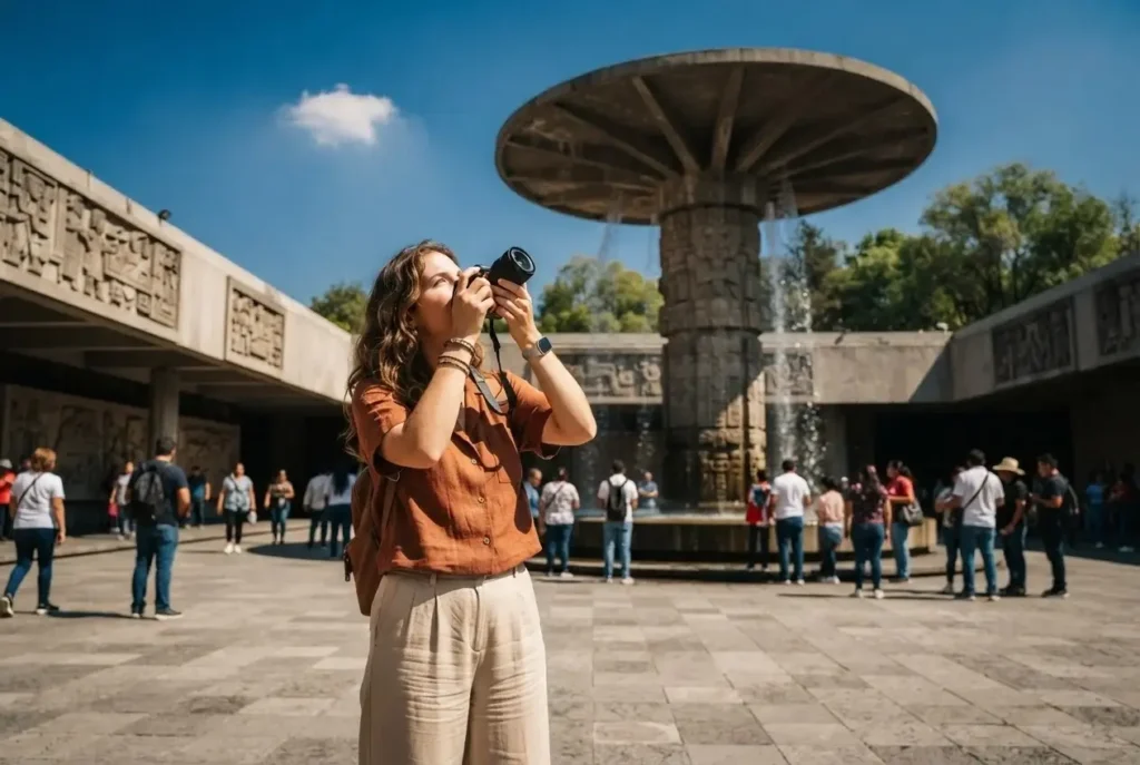 Solo female traveler photographing the central courtyard and iconic umbrella pillar fountain at the Museo Nacional de Antropologia in Chapultepec Park Mexico City