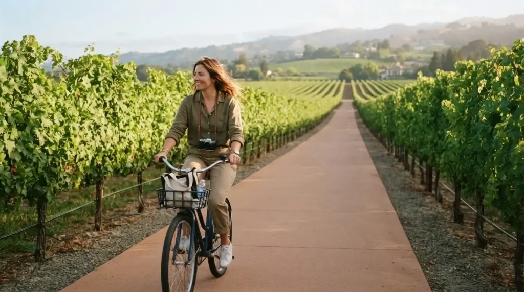 Young solo female traveler cycling the Napa Valley Vine Trail past rows of grapevines on a sunny California morning