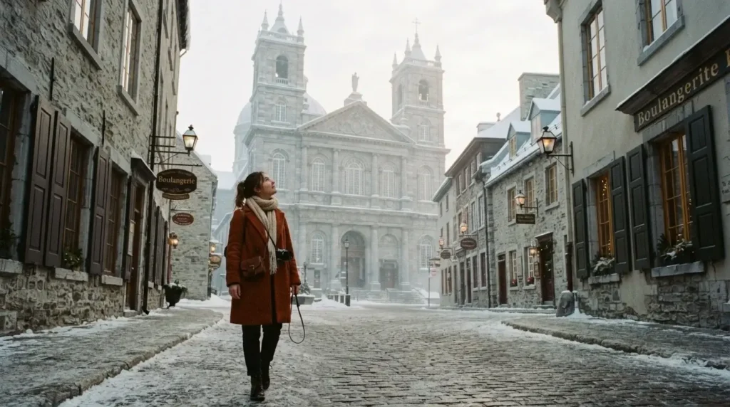 Solo female traveler on cobblestone street in Old Quebec City Canada in front of the Notre-Dame de Quebec Basilica-Cathedral in winter morning light
