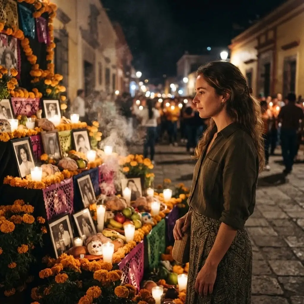Solo female traveler in Oaxaca Mexico standing beside a glowing marigold ofrenda altar at night during Day of the Dead festival