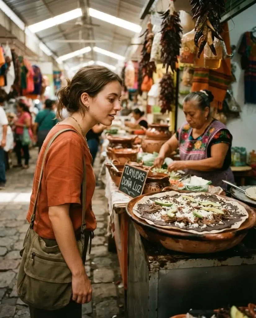 Female solo traveler at a food stall in Oaxaca Mexico market, looking at traditional tlayuda and local dishes under warm overhead lighting