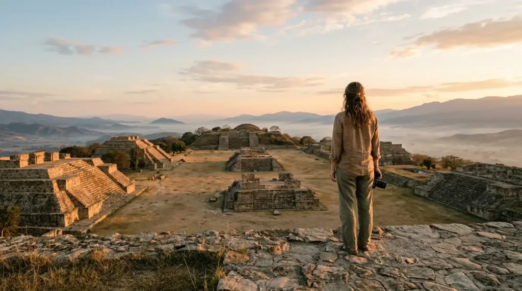 Solo female traveler standing at the edge of Monte Alban archaeological site in Oaxaca Mexico at sunrise, ancient Zapotec pyramids stretching across the mountain plateau