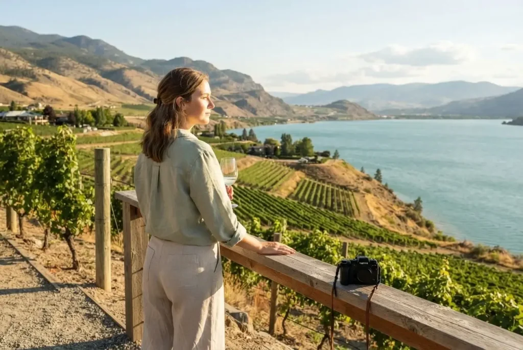 Female solo traveler standing at a lakeside winery in the Okanagan Valley British Columbia with vineyard rows and sparkling lake behind her