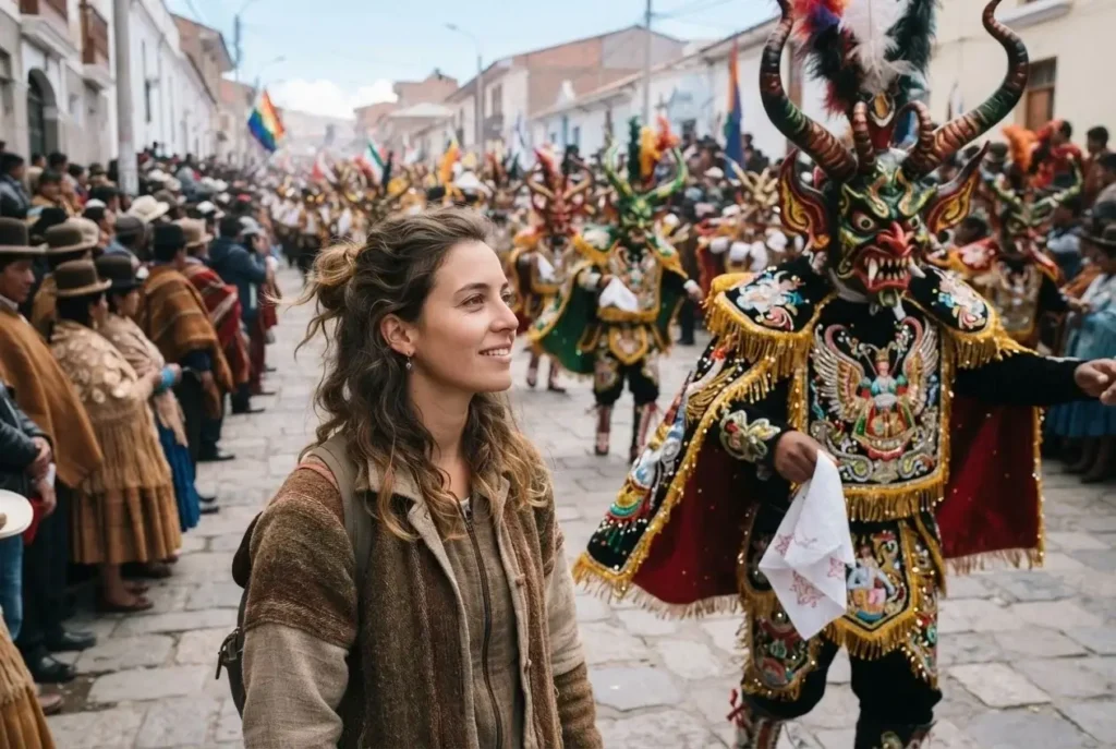 Solo female traveler standing along the Carnaval de Oruro procession route in Bolivia watching diablada dancers in giant horned devil masks and embroidered costumes at high altitude