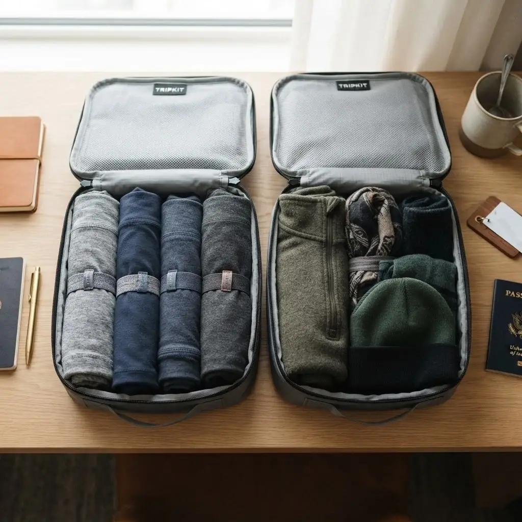 A close-up, top-down view of a traveler packing compact Merino wool base layers into a travel compression cube on a clean wooden hotel desk.