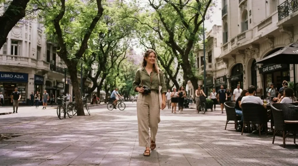 Solo female traveler strolling a wide tree-lined boulevard in Palermo neighborhood, Buenos Aires, Argentina, past Art Deco buildings and outdoor cafe terraces at midday