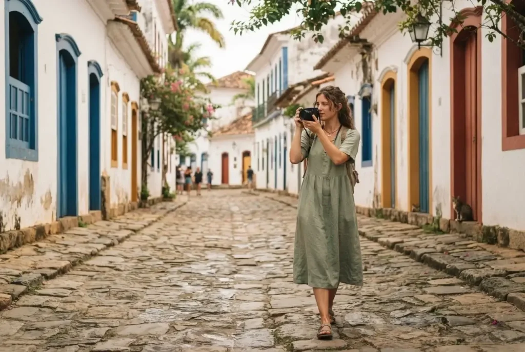 Solo female traveler walking through the UNESCO-listed cobblestone historic center of Paraty Brazil with colonial whitewashed buildings and tropical trees