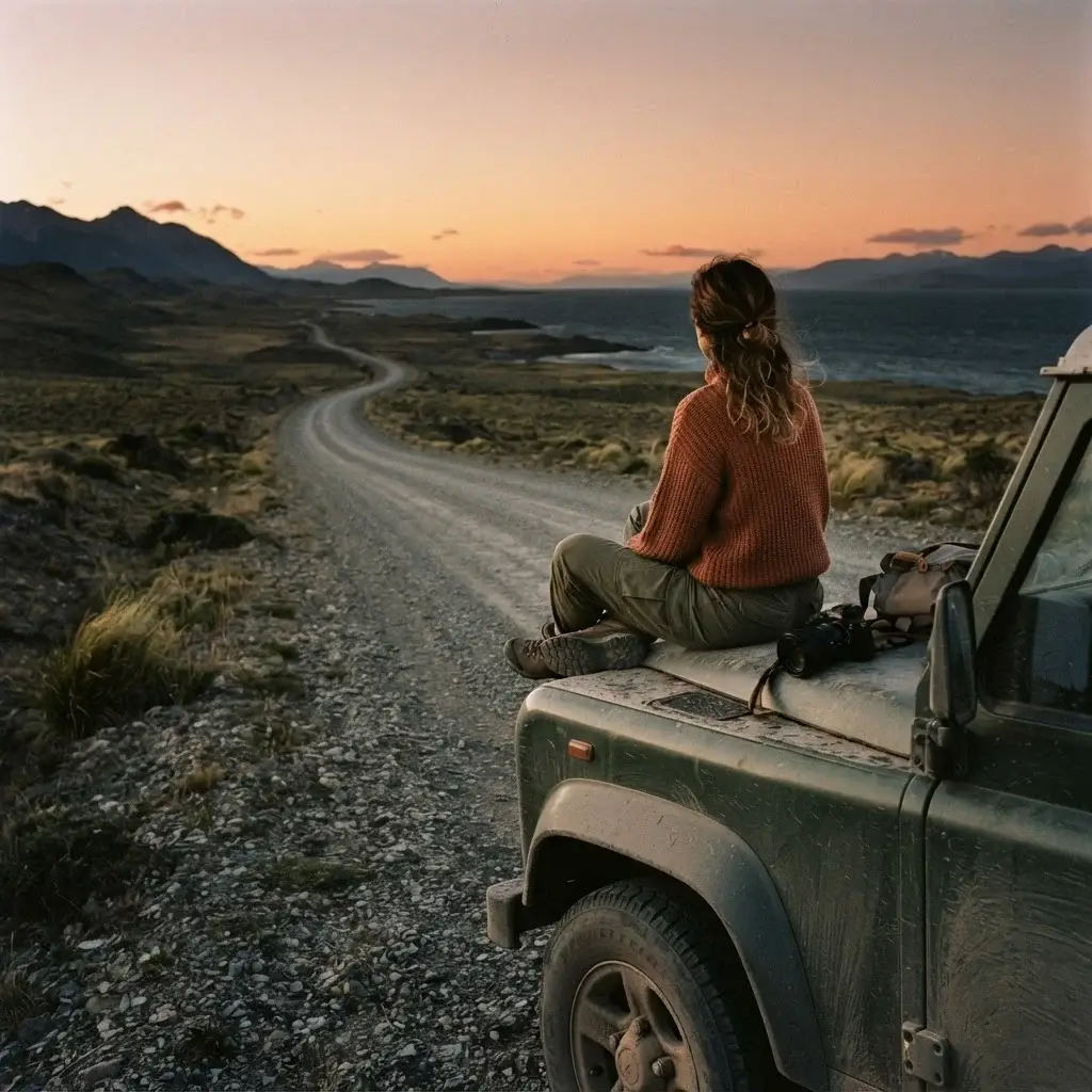 Solo female traveler sitting on the hood of a 4x4 vehicle on a remote Patagonian coastal road at golden hour looking toward the ocean horizon Chile
