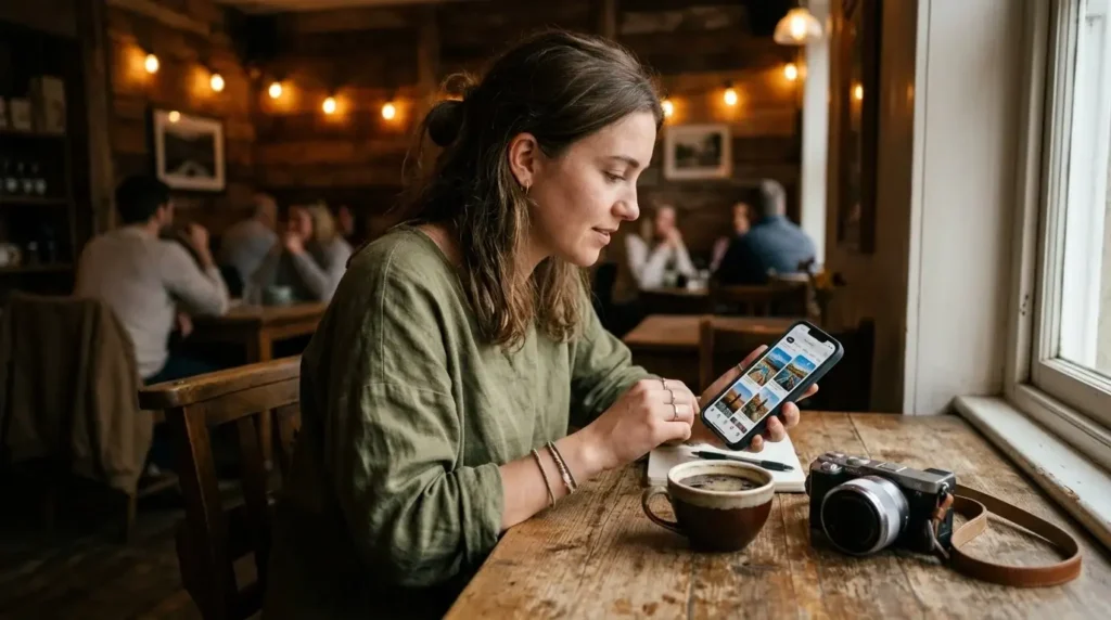 Young female solo traveler at a rustic wooden cafe table scrolling Pinterest travel boards on her phone, warm indoor light, mirrorless camera on table beside her