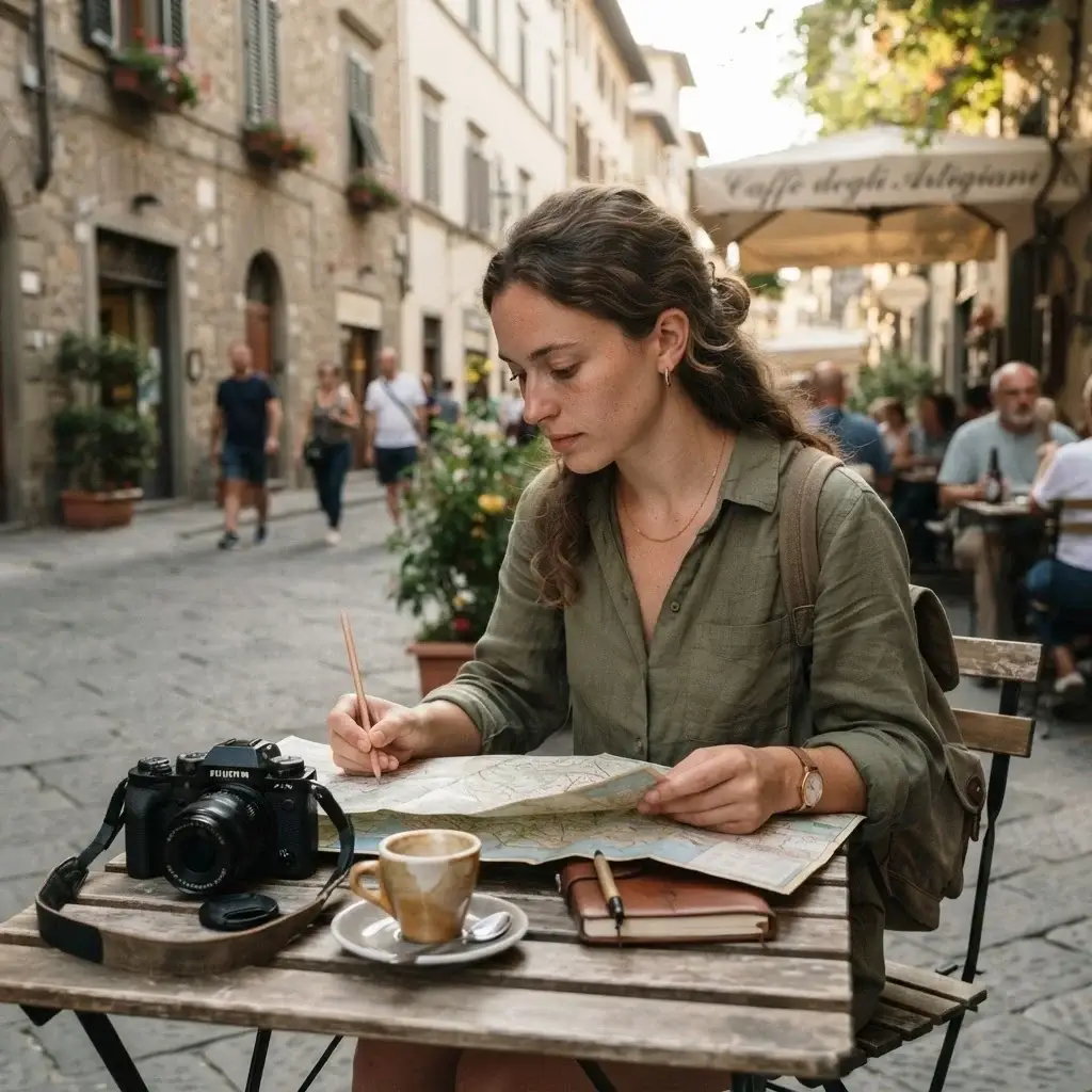 A young female traveler with brown hair sitting in a sunlit outdoor cafe in a European city, studying a paper map and planning a biking itinerary for urban explorers, professional mirrorless camera resting on the table.