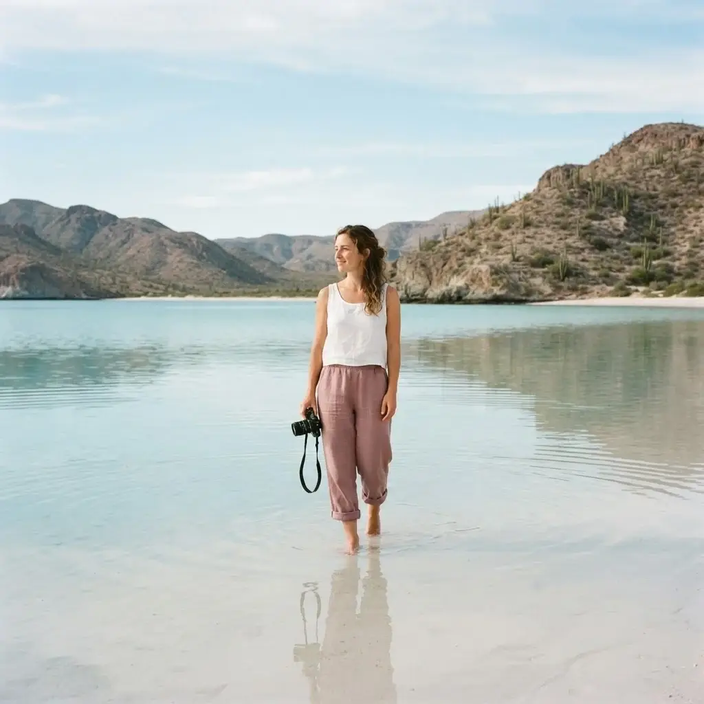 Female solo traveler standing in ankle-deep glassy turquoise water at Playa Balandra near La Paz Baja California Sur Mexico with desert hills and clear sky in background