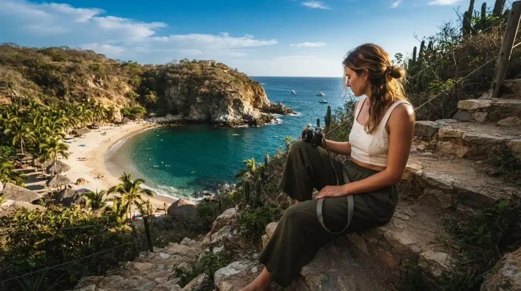 Solo female traveler sitting on rocky steps overlooking Playa Carrizalillo sheltered cove in Puerto Escondido Oaxaca Mexico with turquoise Pacific water below