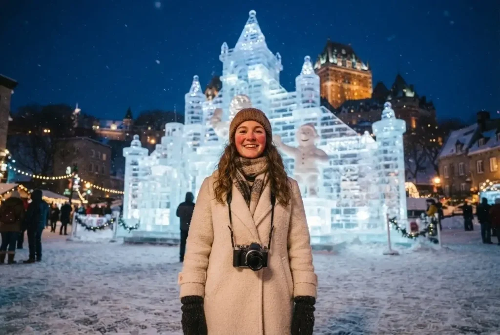 Solo female traveler exploring the illuminated ice palace and snow sculptures at the Quebec Winter Carnival in Quebec City Canada at night with blue and white festival lights reflecting off the snow