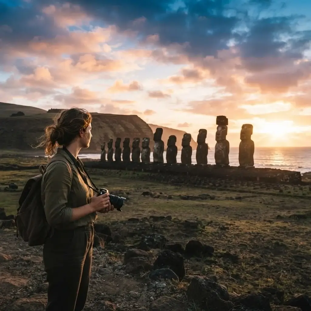 Solo female traveler standing before the Ahu Tongariki moai statues on Easter Island Chile at golden hour sunrise with Pacific Ocean behind
