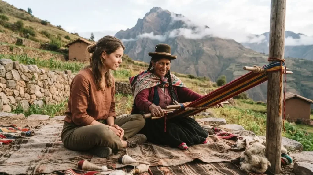 Solo female traveler learning traditional backstrap loom weaving alongside a Quechua artisan woman in the Sacred Valley near Ollantaytambo, Peru