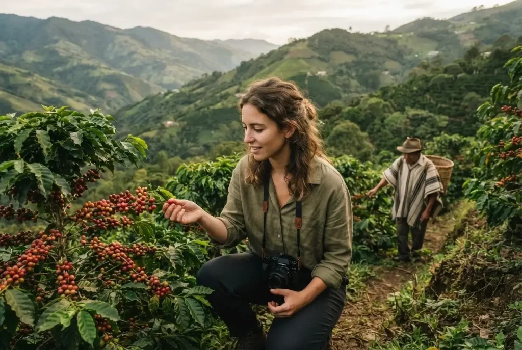 Young female solo traveler observing a coffee cherry harvest on a steep hillside finca in Salento Colombia during soft morning light