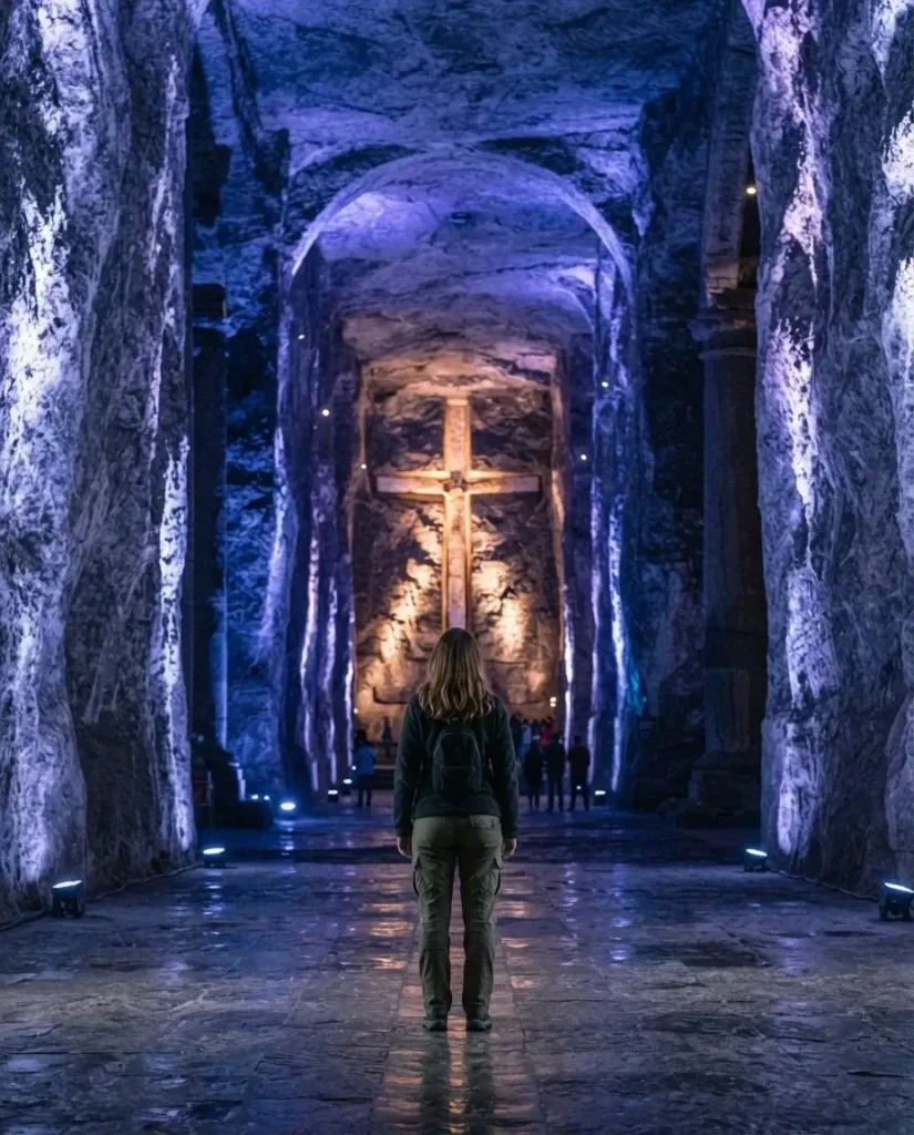 Solo female traveler standing in the illuminated underground nave of the Salt Cathedral of Zipaquira Colombia surrounded by carved salt walls and blue lighting