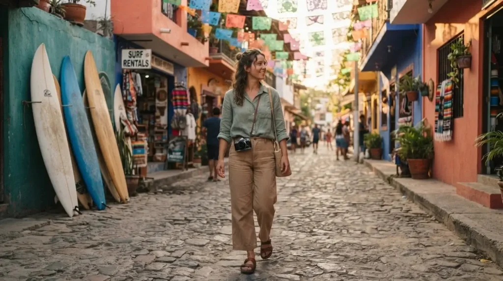 Female solo traveler walking down a vibrant cobblestone street in Sayulita Mexico with colorful walls and surfboards leaning against a painted building in late afternoon light