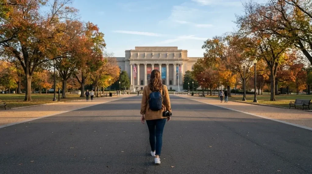 Solo female traveler walking along the National Mall in Washington DC with the Smithsonian National Museum of American History visible in the background on a clear morning