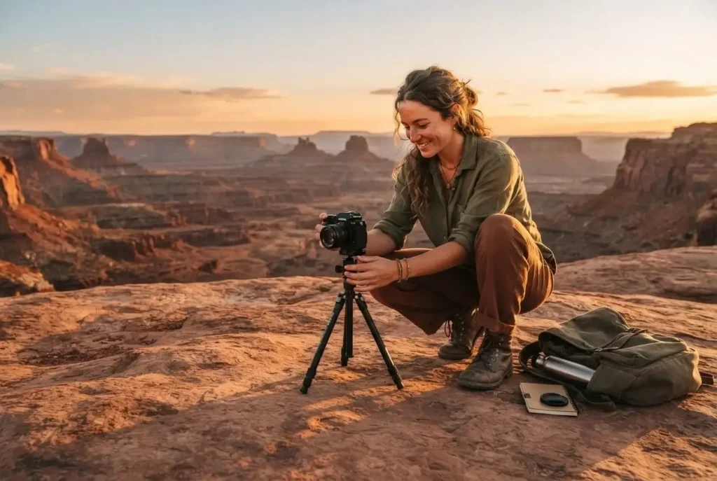 Solo female traveler setting up a small travel tripod on a red rock desert trail in the American Southwest preparing to take a self-timer photograph at golden hour