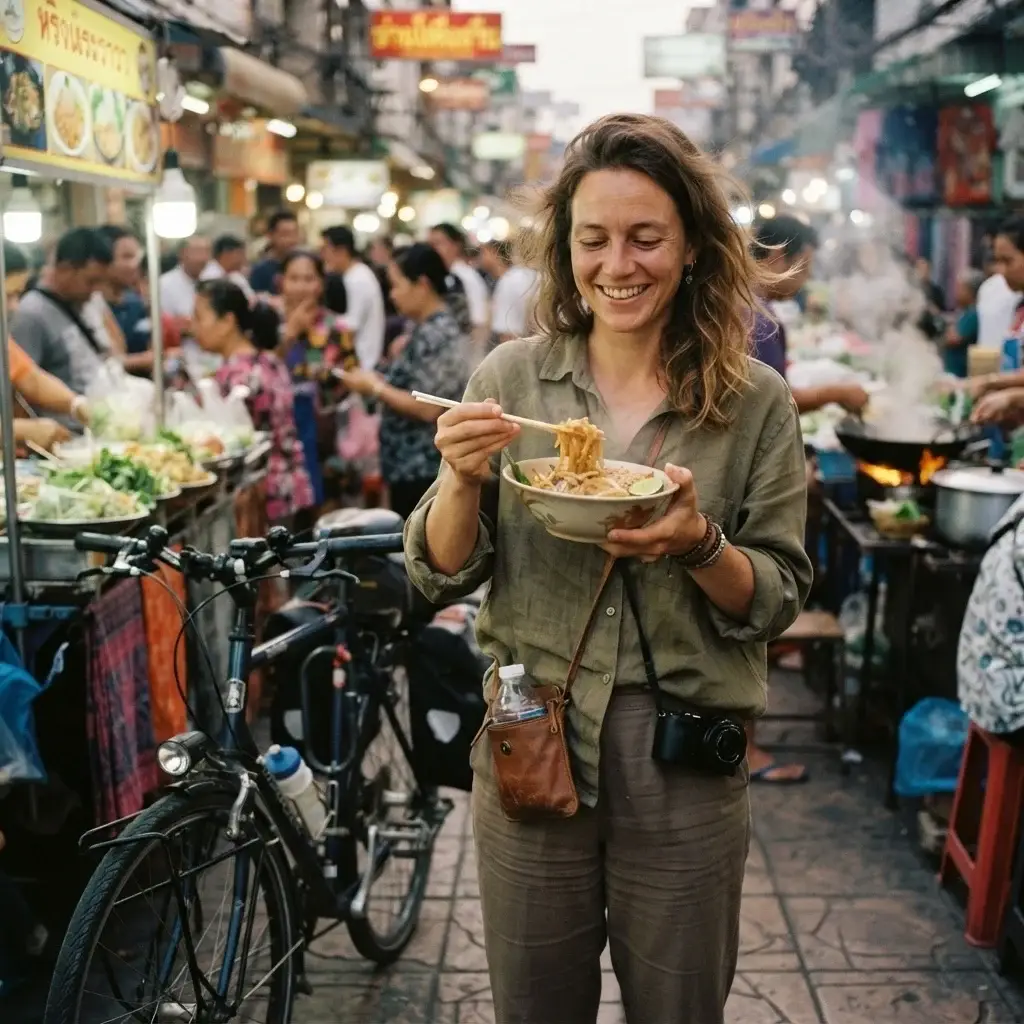 Emma Collins enjoying a bowl of authentic local street food at a bustling outdoor market, standing beside her bicycle with a curious, happy expression, capturing the vibrant atmosphere of urban exploration.