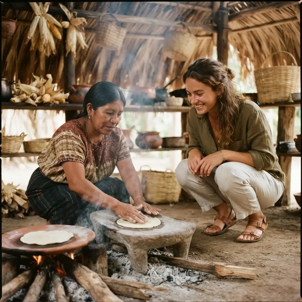 Solo female traveler observing a Q'eqchi Maya woman preparing traditional corn tortillas over a wood fire in a village home in the Toledo District, Belize