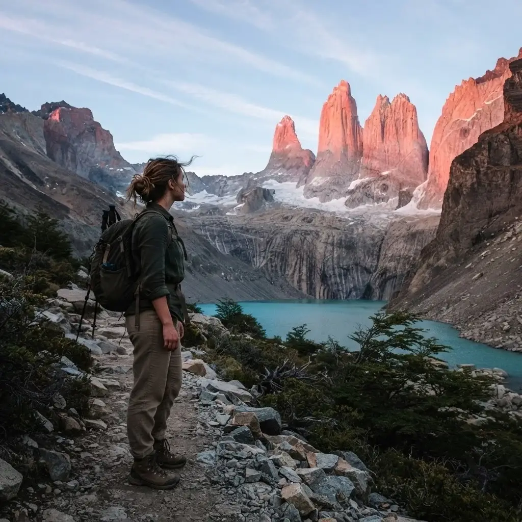 Solo female traveler on the W Trek in Torres del Paine Chile at sunrise with dramatic granite towers and turquoise lake in background