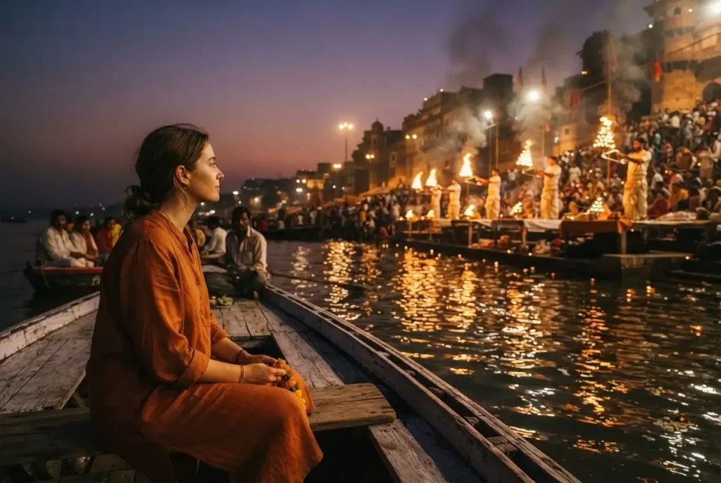 Solo female traveler watching the Ganga Aarti fire ceremony from a wooden boat on the Ganges River at dusk in Varanasi India