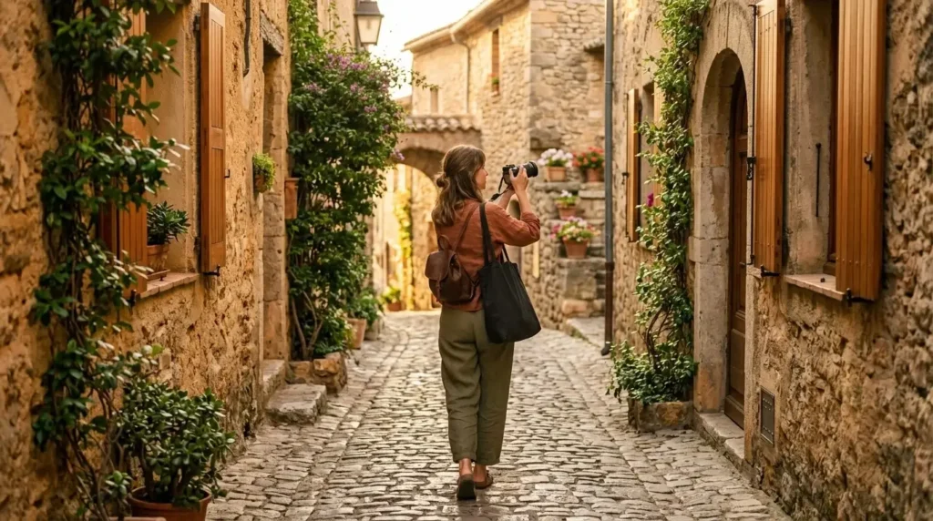 Solo female traveler with mirrorless camera walking alone down a narrow cobblestone alley in a small atmospheric European town, golden late afternoon backlight, no crowds