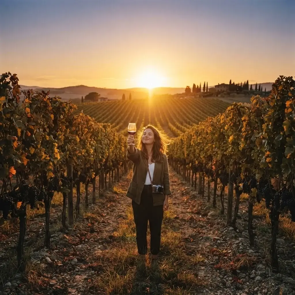 Solo female traveler raising a wine glass toward a golden sunset over vineyard rows, wine country Americas, end of day celebration