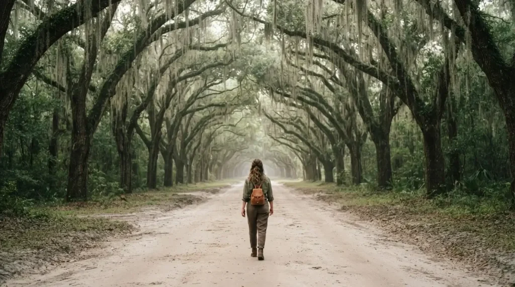Solo female traveler walking alone down the ancient oak canopy avenue draped in Spanish moss at Wormsloe Historic Site in Savannah Georgia on a quiet misty morning