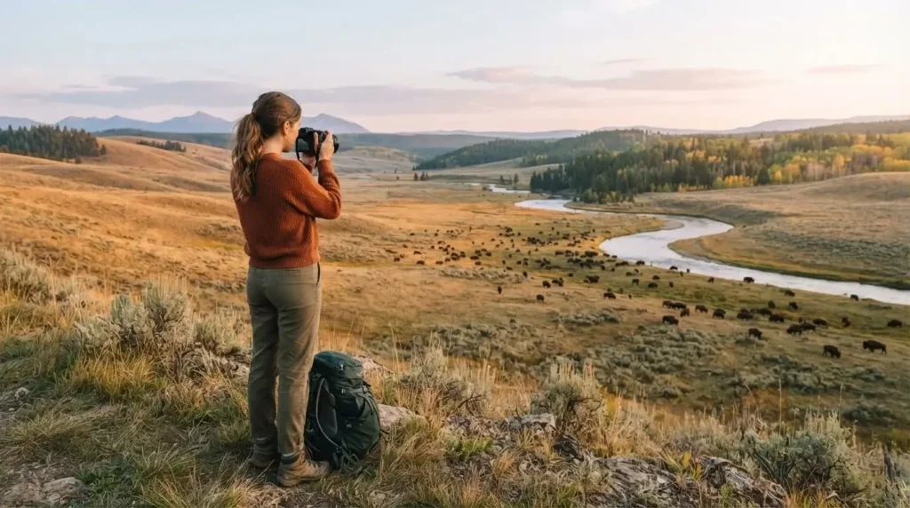 Female solo traveler standing on an open hillside in Yellowstone's Lamar Valley at sunrise, a herd of bison grazing in the golden valley below, Wyoming USA