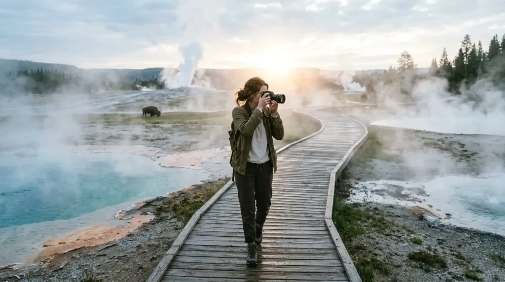 Solo female traveler walking the Upper Geyser Basin boardwalk in Yellowstone National Park, thermal steam rising on both sides, early morning mist