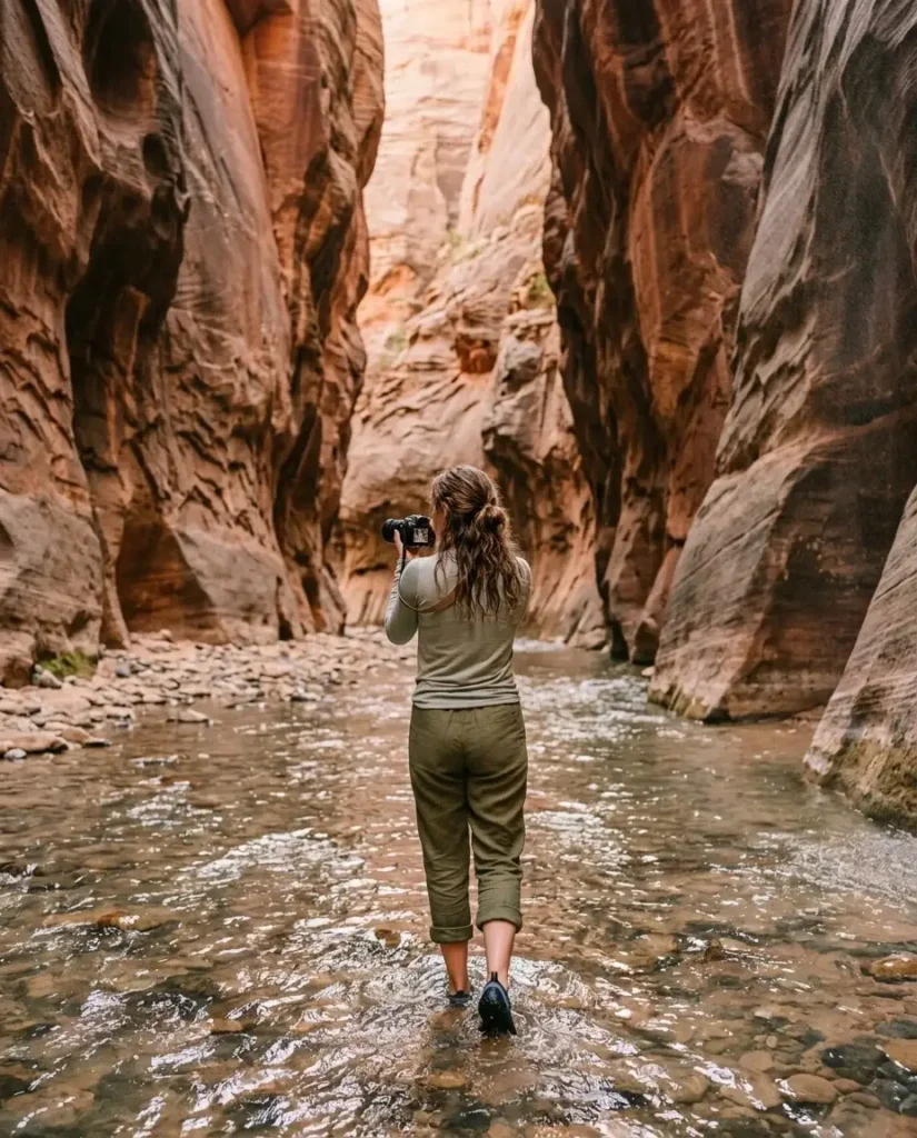 Solo female traveler wading through the Virgin River in the Zion Narrows, Utah, towering red sandstone canyon walls rising overhead, soft diffused canyon light